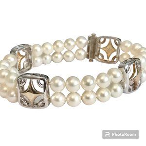 Vintage Sterling Silver White Pearl Bracelet Ross & Simons Estate Double Strand